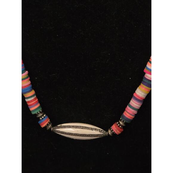 Multi Color Puka Shell Necklace w/Pave Diamond, Sterling Silver & White Enamel - Picture 7 of 10